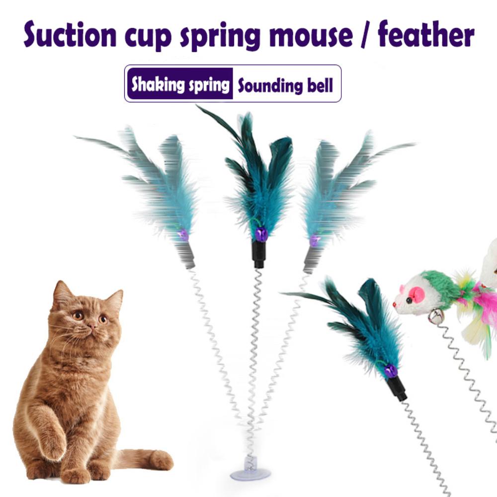 Funny Cat Toys Elastic Colorful Mouse With Feather Spring Bottom Sucker Toys For Cats Kitten Playing Scratch Toys Random Colors