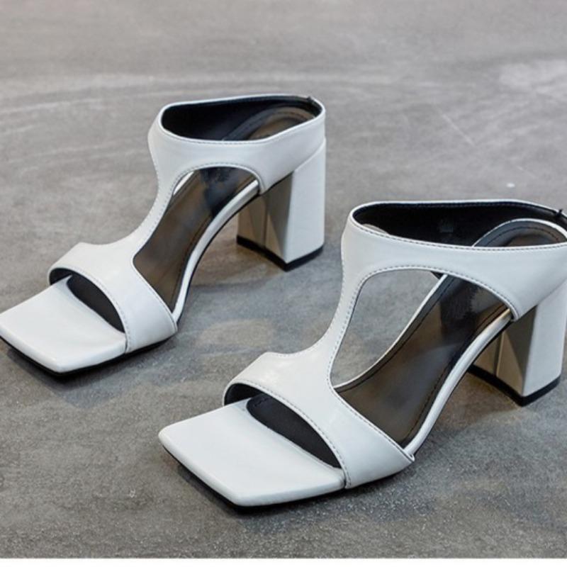 Модные женские туфли на высоком каблуке 2024 Весна Новые тапочки Модные универсальные однотонные босоножки на среднем каблуке с толстым квадратным носком для женщин