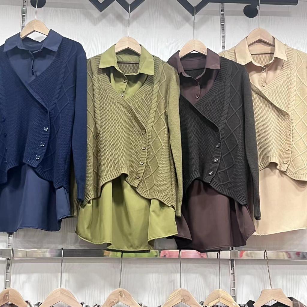 Autumn Loose Shirt Collar Sweater Fake Two-piece Pullover Top Women's Solid Long Sleeve Mid Length Knitted Sweater