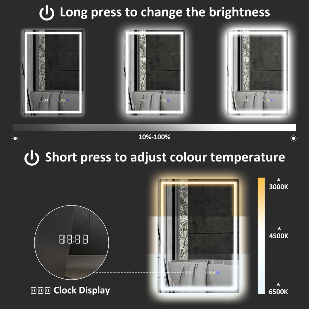 50 X 70 Cm Anti Fog Led Bathroom Mirror With Bluetooth And Clock Silver Tone