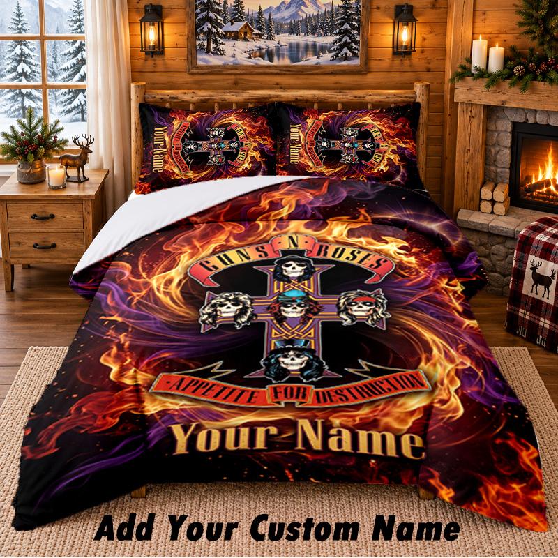 Guns N’ Roses Pattern Bedding 3Pcs Set Custom Name, Bed Sheet And Pillowcases For Home Bedroom