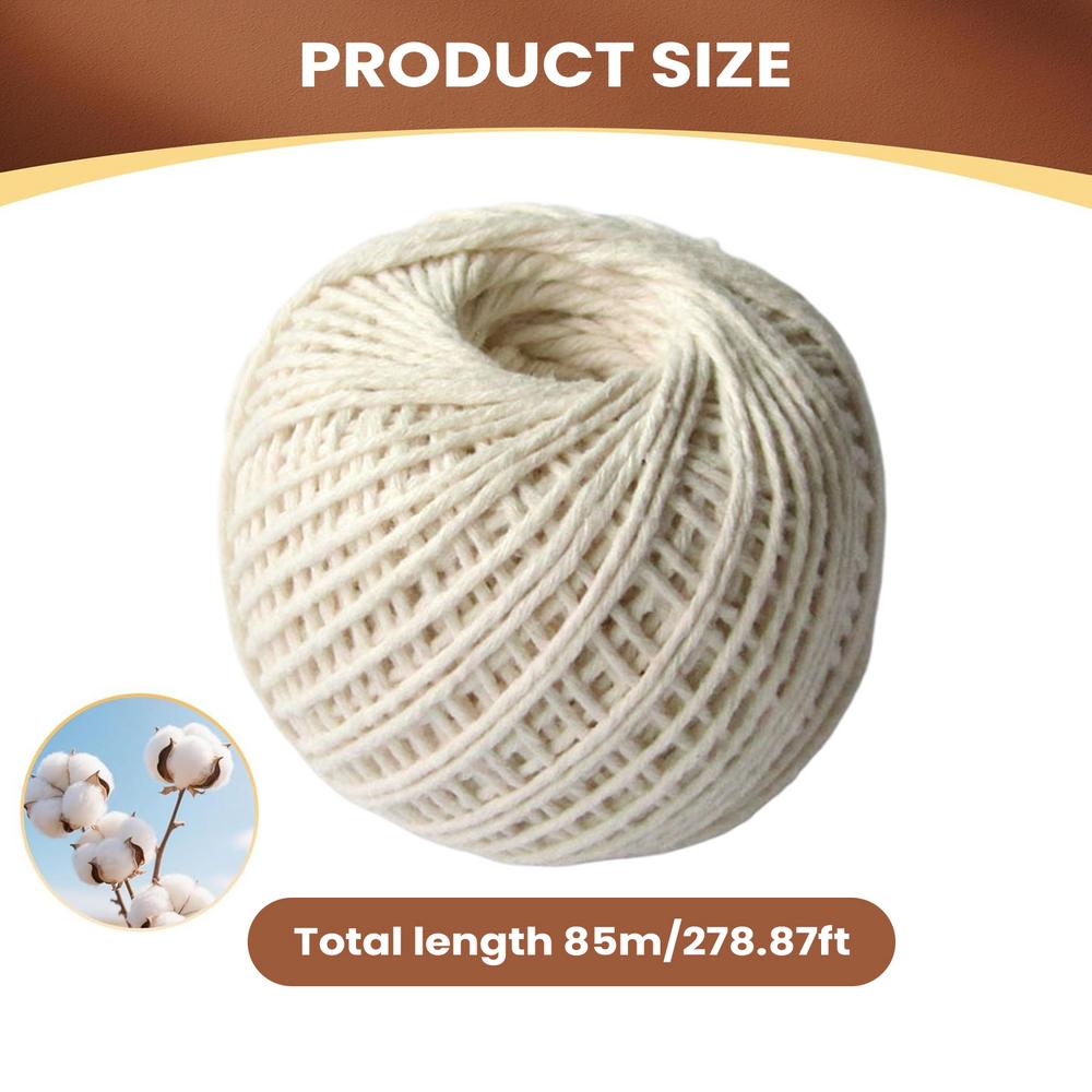 85m Food Safe Cotton Cooking Twine, Soft 2mm Baking String for Roasting Meat & Sausage, Versatile Kitchen Wrapping Cord