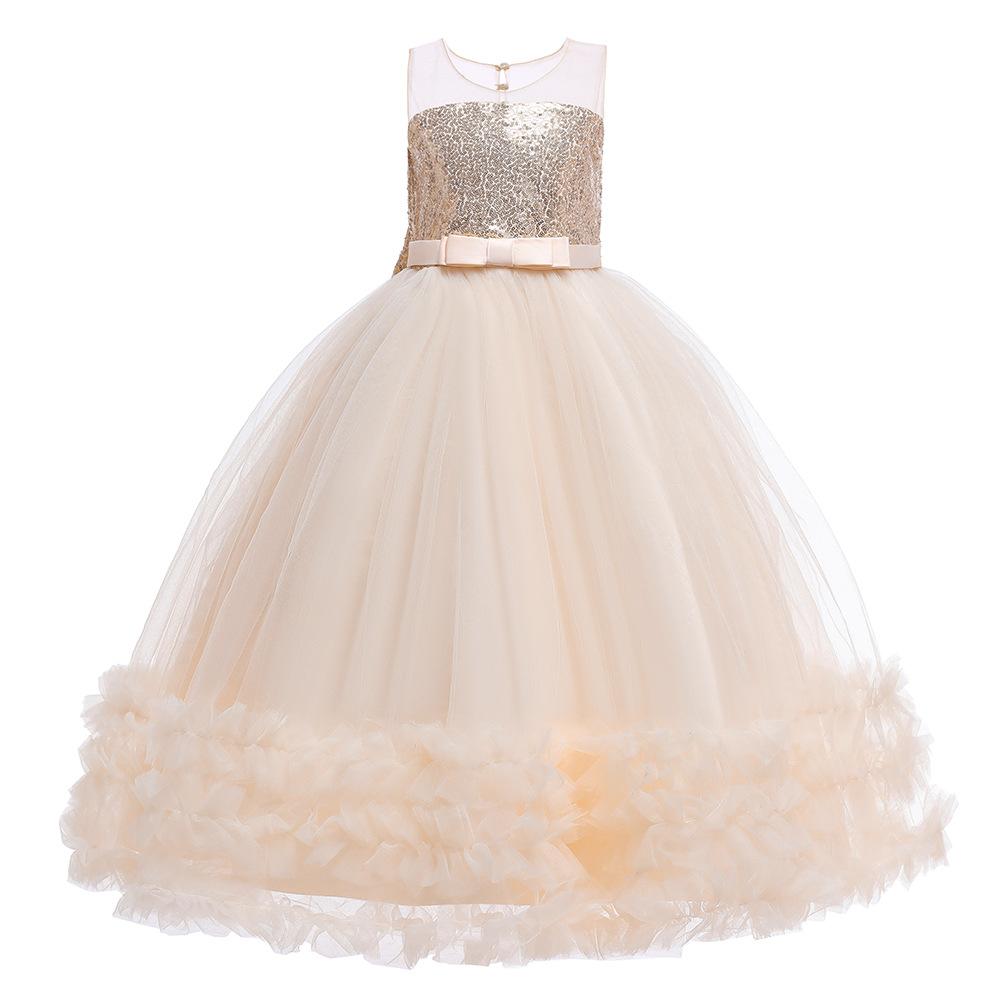 Girls Sequins Tulle Dress Sleeveless Bowknot Birthday Prom Princess Wedding Pageant Communion Party Long Ball Gown
