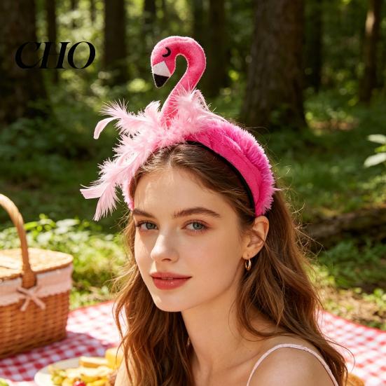 Three-dimensional Flamingo Headpiece Women Headband 3D Design Pink Feather Soft Velvet Plush Fabric Hair Hoop Summer Beach Festival Party Accessory