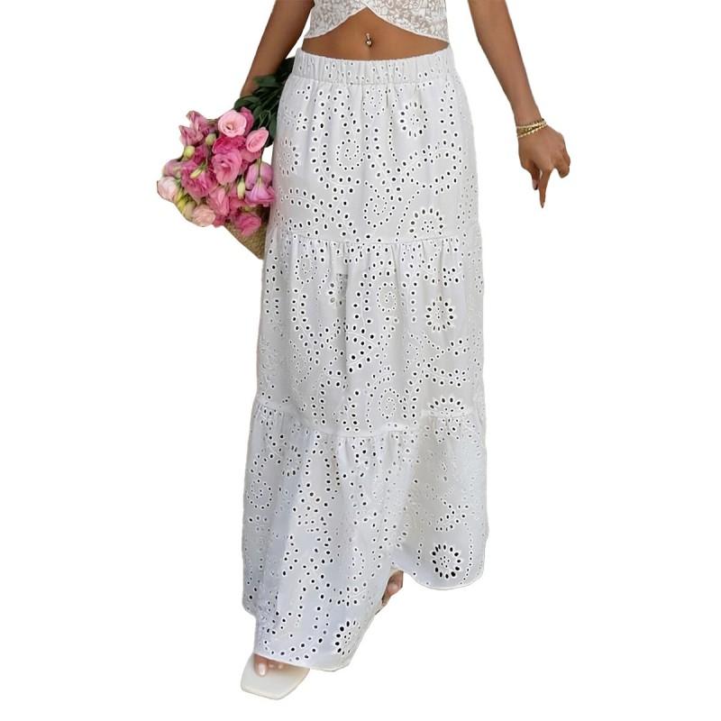 Womens Embroidered Hollow Maxi Skirt Vacation Style Flowy A-Line