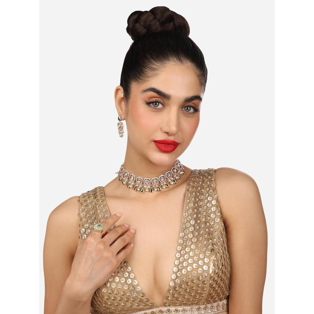 Green Pink Stones Austrian Diamonds Embellished Choker Necklace Earring & Ring Set For Women