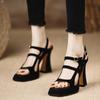 High Heel Sandals Summer New Round Head Open Toe Flannelcloth Metal Buckle Waterproof Table Non-slip Square Heel Shoes