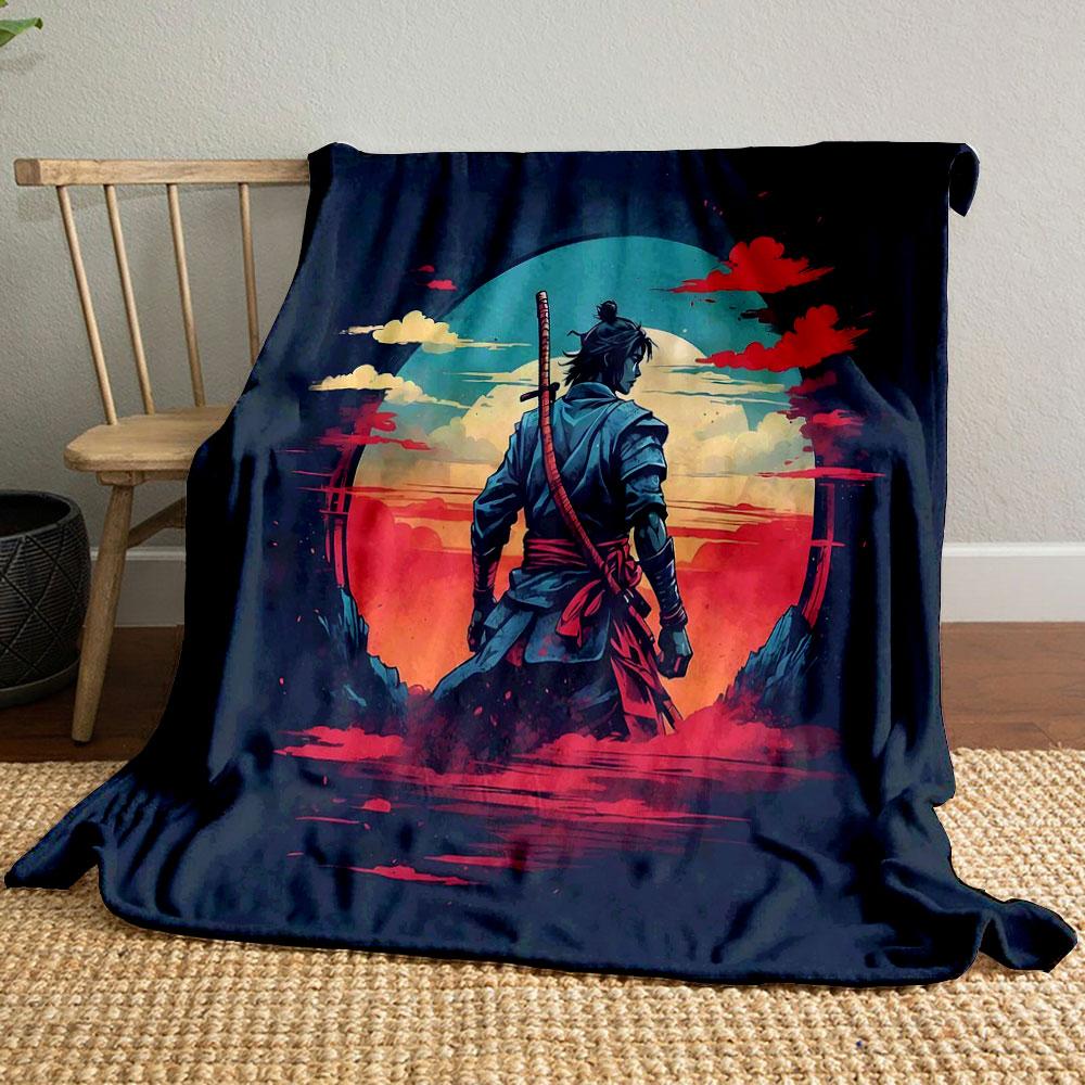 Samurai Warrior at Sunset Patterned blanket, flannel, suitable for all seasons, home decor, warm and cozy