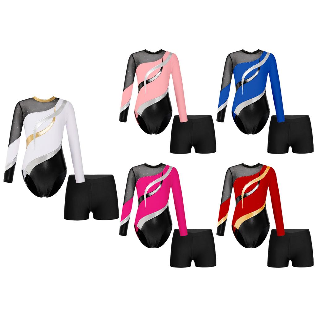 Kids Girls Gymnastics Leotard Glitter Bodysuit Long Sleeve Shiny Rhinestones Decorated Jersey with Shorts Dance Costume