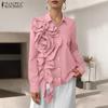 Womens Turn Down Collar Long Sleeve 3D Flower Splice Casual Blouse