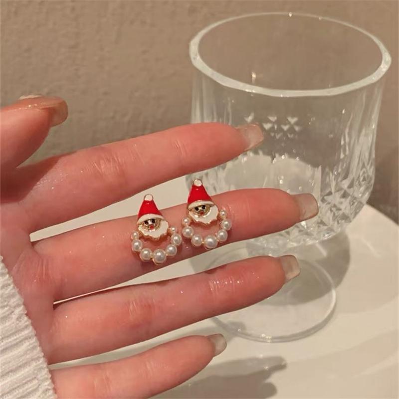 New Trendy Santa Claus Stud Earrings for Women Imitation Pearl Beads Hollow Round Small Earrings Christmas Day Ear Jewelry