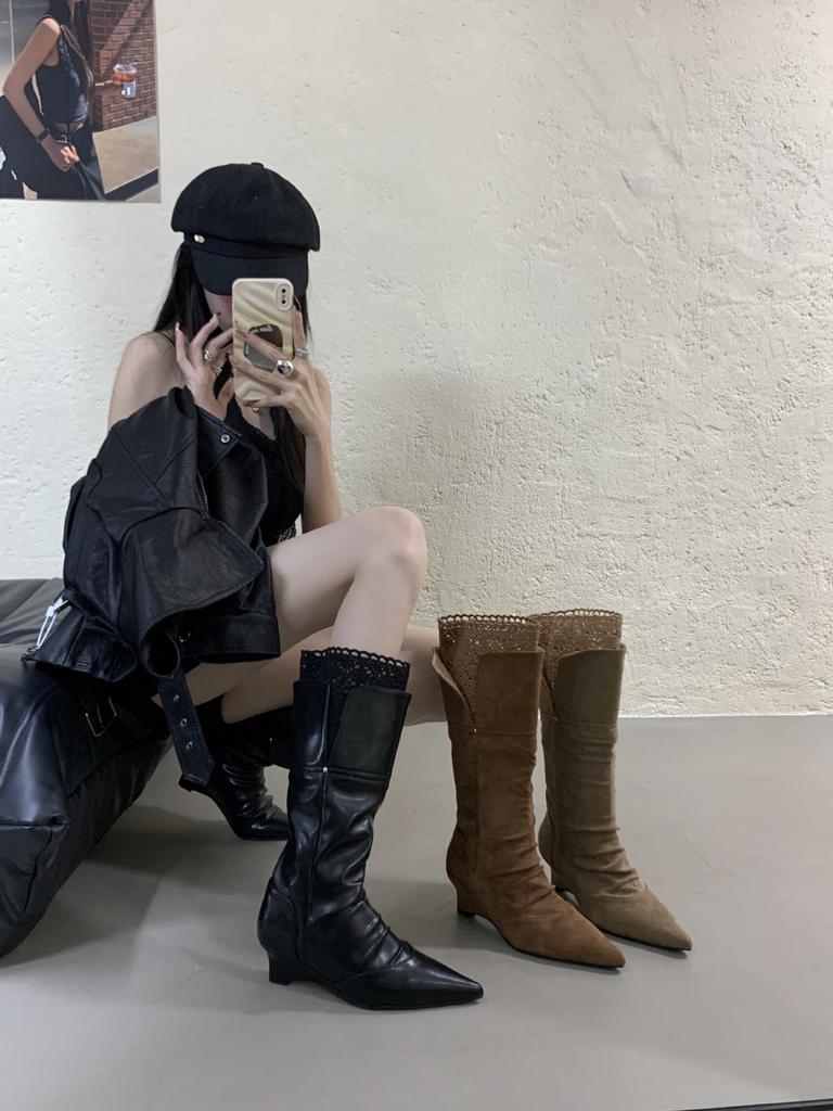 Wedge Heel Boots Children 2025 Autumn and Winter New Pointed Knight Boots Lace Becomes Knee High Boots