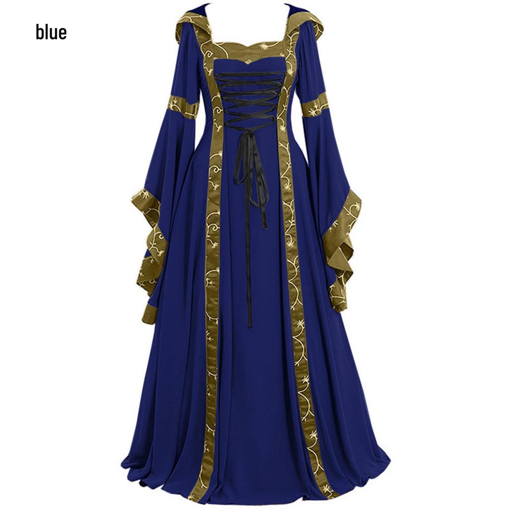 Medieval Retro Hooded Dress with Square Neck and Flared Sleeves