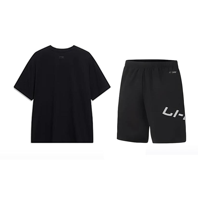 Li-Ning Loose And Comfortable College Style Short Sleeve And Elastic Five-Point Pants Casual Sports Suit Unisex Suit Black AHSU803-2+YKSV113-1