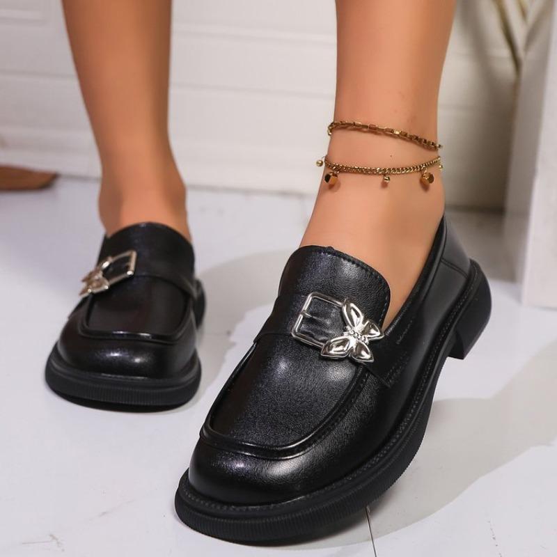 Fashion Butterfly Buckle Pu Leather Loafers Women British Style Black Low Heels Work Shoes Ladies 2025 Spring Slip On Casual