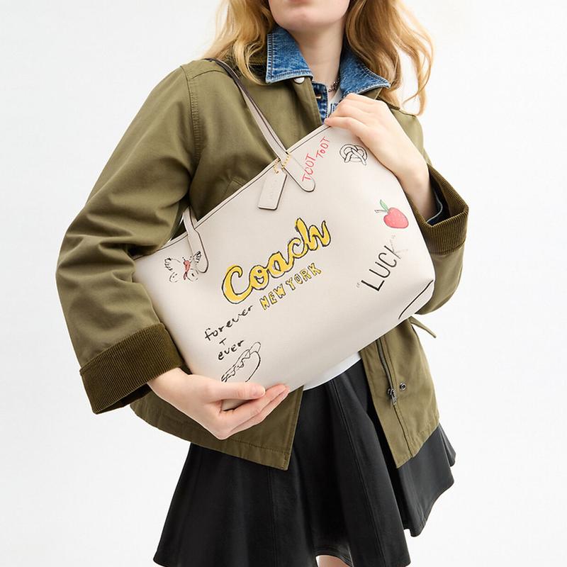 Coach Город 33 Напечатанный эскиз Логотип бренда Сумка-тоут из коровьей кожи Сумка для покупок Сумка через плечо Большая женская Меловой белый