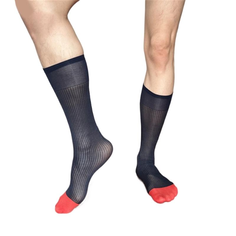 Mens Nylon Sheer Suit Socks Business Dress Socks Contrast Color Striped See Through Formal Dress Over the Calf Stockings