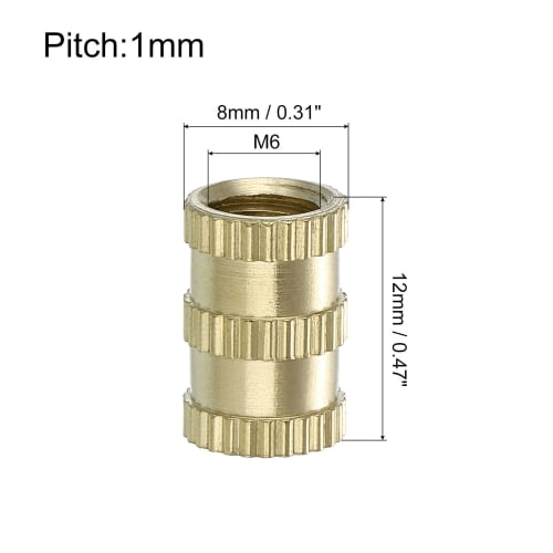 uxcell Knob Insert Nuts, 15-Piece Set, M6 X 12mm(L) X 8mm(OD), Thread-Printed Brass Nuts, Female Thread Inserts, Brass Heat-Set Inserts, Embedded Nuts