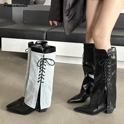 Модный Звездный Стиль Модные Джинсовые Женские Сапоги до Колена на Шнуровке Смешанных Цветов Осень Зима Винтажные Высокие Каблуки Кожаный Голенище Длинные Сапоги