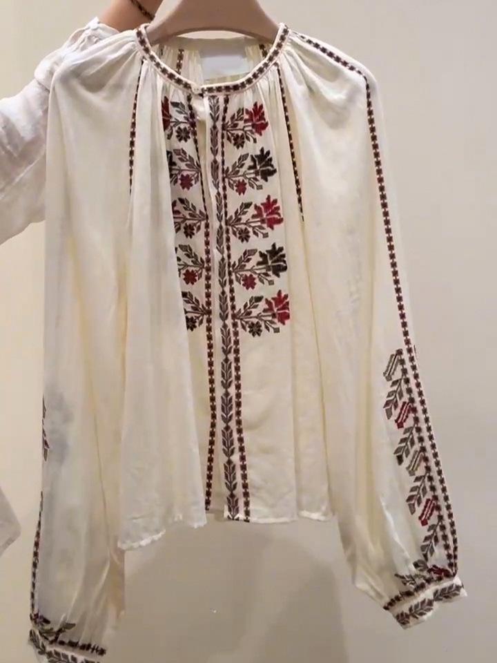 Женская французская этническая вышитая рубашка из чистого хлопка с длинными рукавами-фонариками, ранний сезон 2026