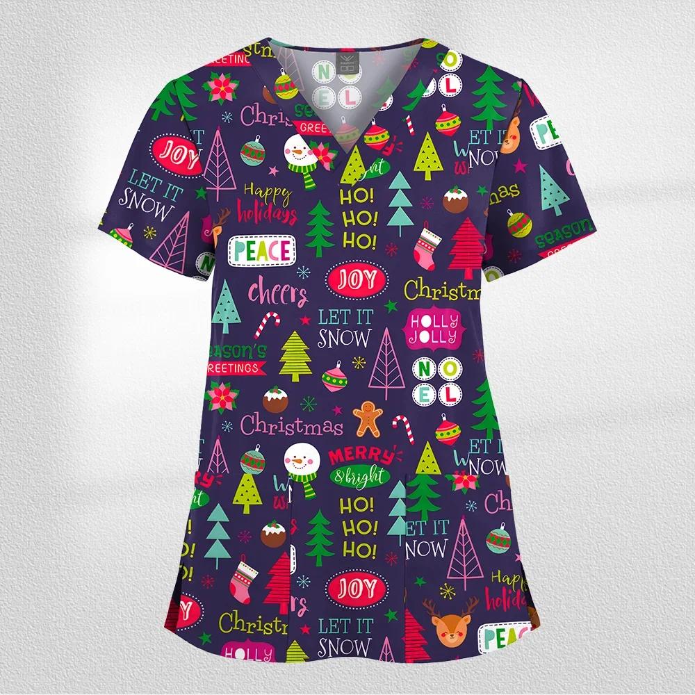 Women Working Uniform Cartoon Animal Print Short Sleeve V-neck T-shirt Tops Femme Blouse Nurse Work Wear Size XXS-6XL