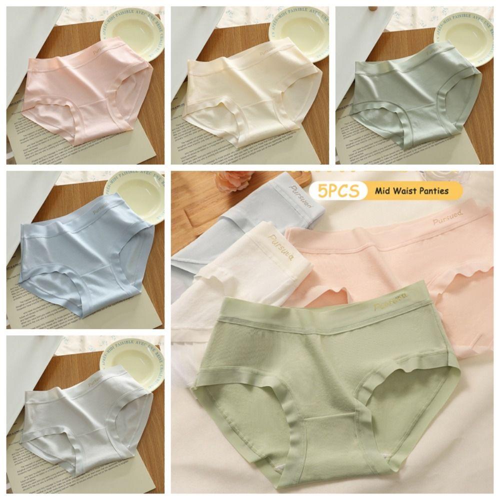 5pcs Cotton Crotch Seamless Briefs Underwear Women's Underpants Fashion Mid Waist Panties Lady