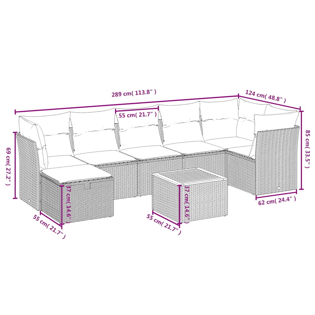 8 Piece Garden Sofa Set with Cushions Gray Poly Rattan