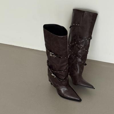 Мода Мода Высокие Сапоги Осень Новые Острый Носок Заклепки Боковая Молния Противоскользящие Износостойкие Высокие Каблуки