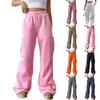 Women's Casual Fashion Solid Color Elastic Waist Drawstring Pocket Wide-Leg Straight-Cut Joggers