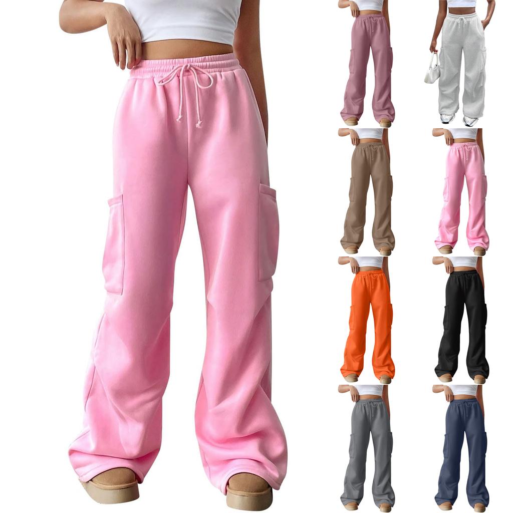 Женские повседневные модные однотонные джоггеры с эластичной талией, кулиской, карманами, широкими штанинами прямого кроя
