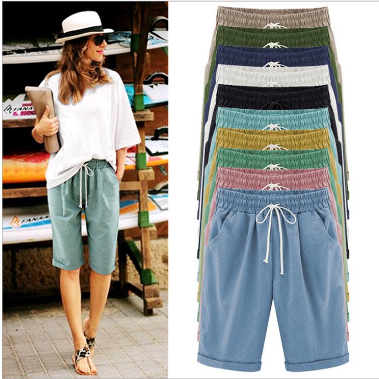Summer Woman Cotton Linen Lace Up Shorts Plus Size Lady Casual Solid Color Short Trousers Pants