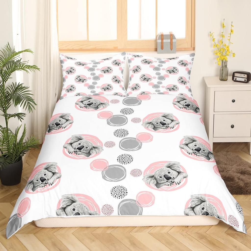 Koala Duvet Cover Set Blooming Floral Branch Bear Comforter Palm Tree Leaf Wildlife Cartoon Polyester Quilt