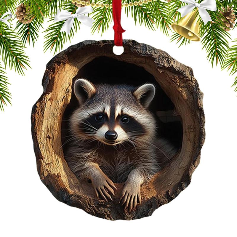 Animal Christmas Ornaments 2D Cute Christmas Acrylic Pendant Animal Raccoon Owl Squirrel Hedgehog Bunny Bird Wildlife Ornaments