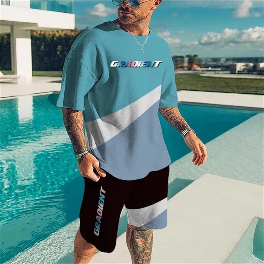 Summer New Men's Sportswear Patchwork Color Printing O-Neck T-Shirt 2-Piece Set Fashion Oversized Men's Tracksuits Casual Clothe