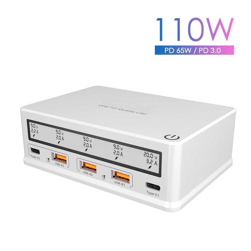 Настенное зарядное устройство USB 110 Вт 5-портовая зарядная станция USB Многопортовое зарядное устройство USB-концентратор Компактный размер с ЖК-дисплеем