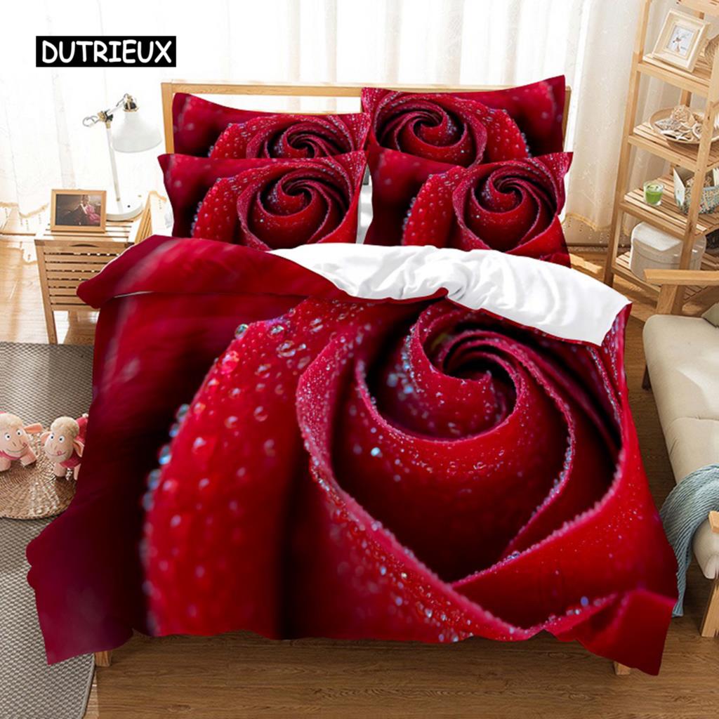 Комплект постельного белья с красной розой, пододеяльник, наволочка, 3D HD, двойной, полный, King Queen, Twin Single, 3/2 шт., полиэстер, пододеяльник