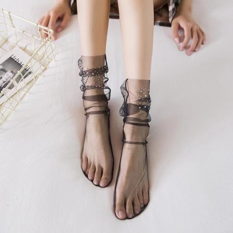 Women Socks Transparent Glitter Crystal Silk Lace Elastic Short Ankle Socks Elegant Ladies Rhinestone Sock See Through Mesh Sock