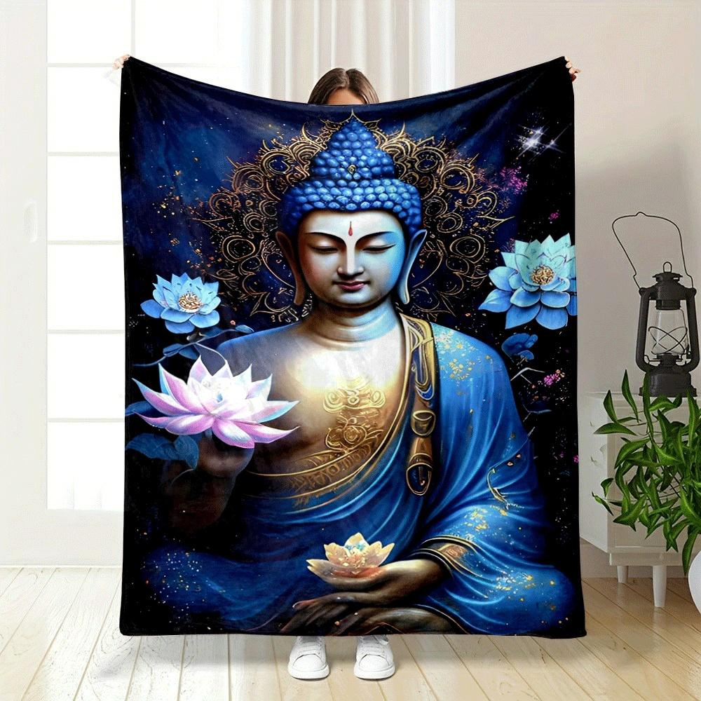 Golden intricate designs surround a serene figure holding lotus flowers. for all seasons blanket lunch break throw gift