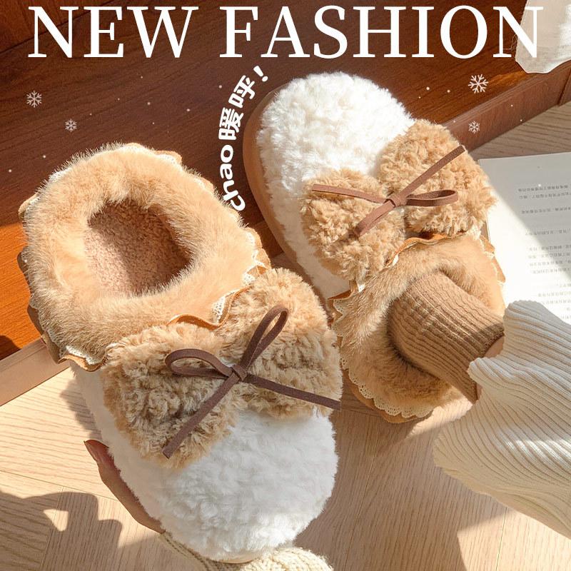 Winter new bow girl ballet wind cotton mop thickened warm plush home wear casual slippers