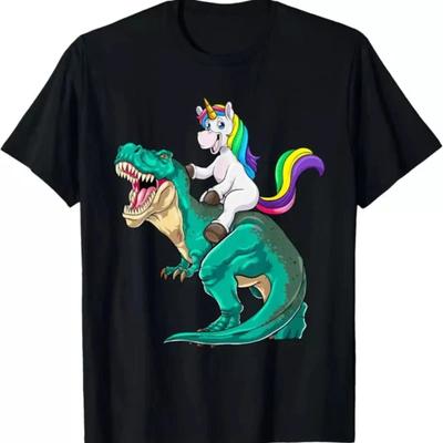 Unicorn Riding T Rex Dinosaur Boys Girls Rainbow Shirt S 3XL Vintage Washed Slightly Homme Desi