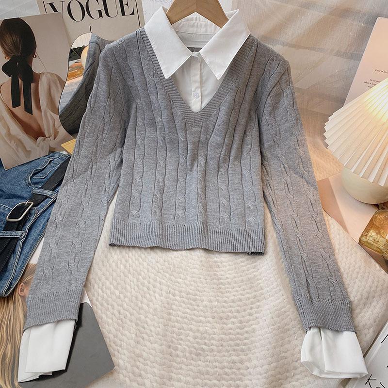 Lapel Splicing Fake Two-piece Sweater Women's Autumn and Winter New Slim-fit Long-sleeved Knitted Top Trendy