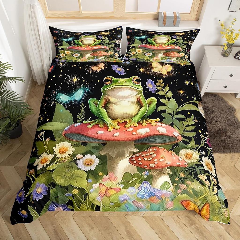 Кавайный пододеяльник с принтом лягушек, пододеяльник с лягушками и грибами, ботанический грибной комплект постельного белья размера твин/полуторный, квин для комнаты девочки-подростка