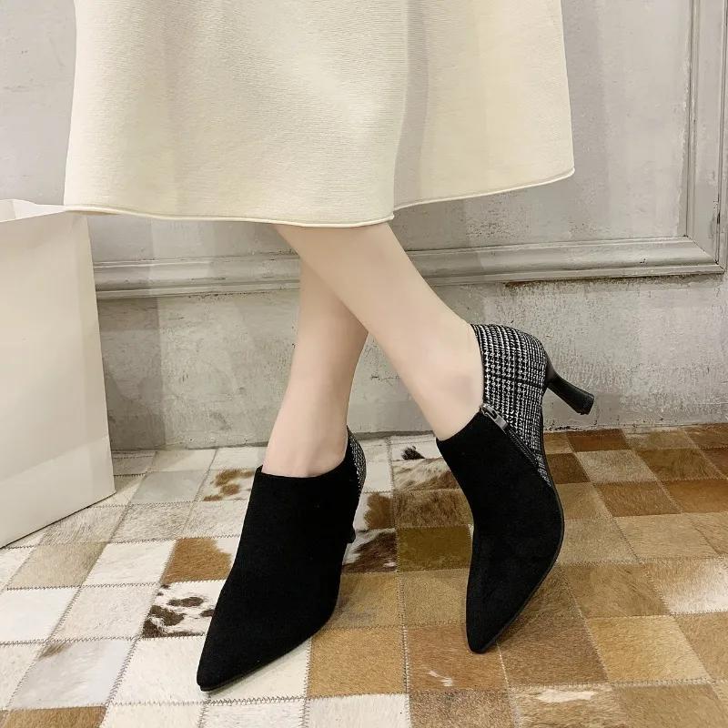 Sexy Women's Ankle Boots Black Elegant with Medium Heels Booties Pointed Toe Work Footwear Short Shoes for Woman Comfortable