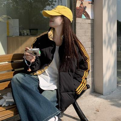 Новое зимнее хлопковое пальто со стойкой воротником, универсальное и модное, в корейском стиле, приталенное и теплое, полосатое хлопковое пальто