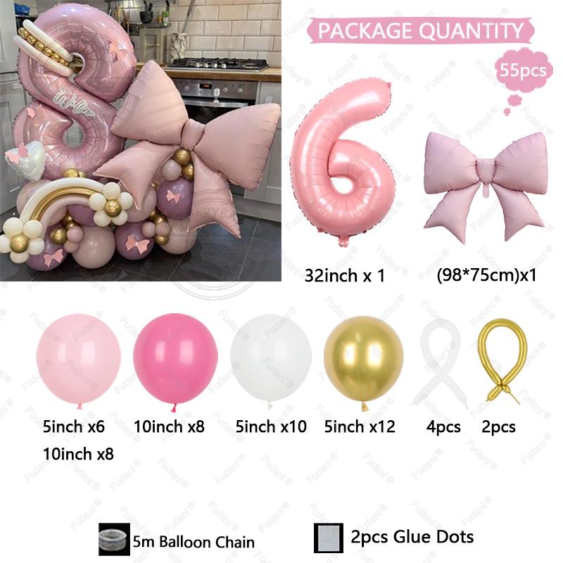 55pcs Bow Balloon 32 Inch Pink Number 1-9 Birthday Balloon Set Birthday Atmosphere Arrangement Festival Party Decoration