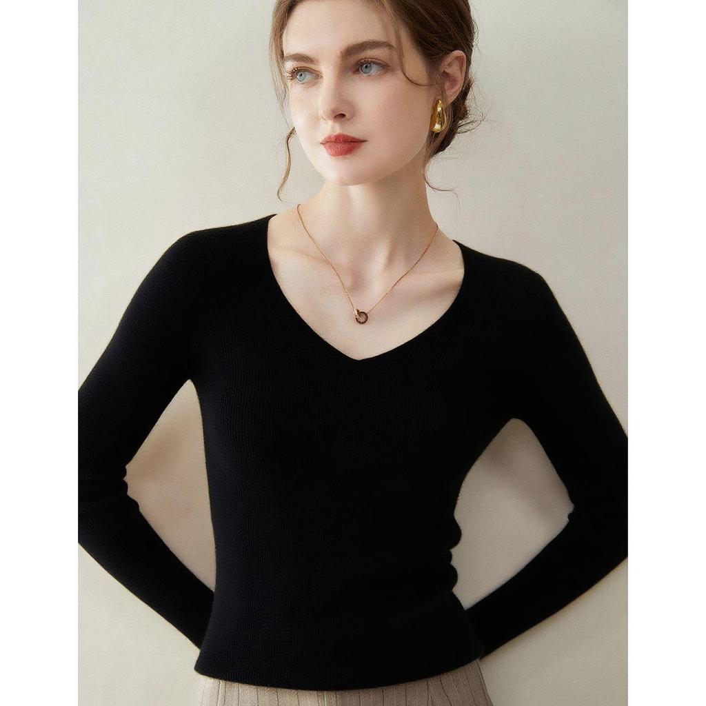 Women's 100% Pure Cashmere V-neck Seamless Ribbed Slim-fit Sweater