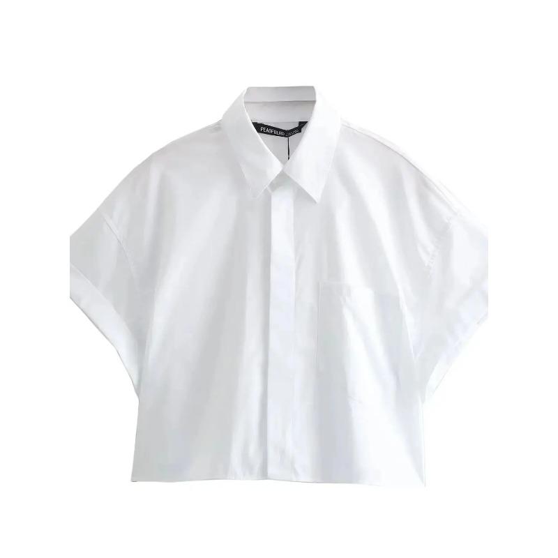 Women's Fashion Crop Poplin Shirt Women Casual Lapel Short Sleeve Pocket Front Button Versatile Female Top