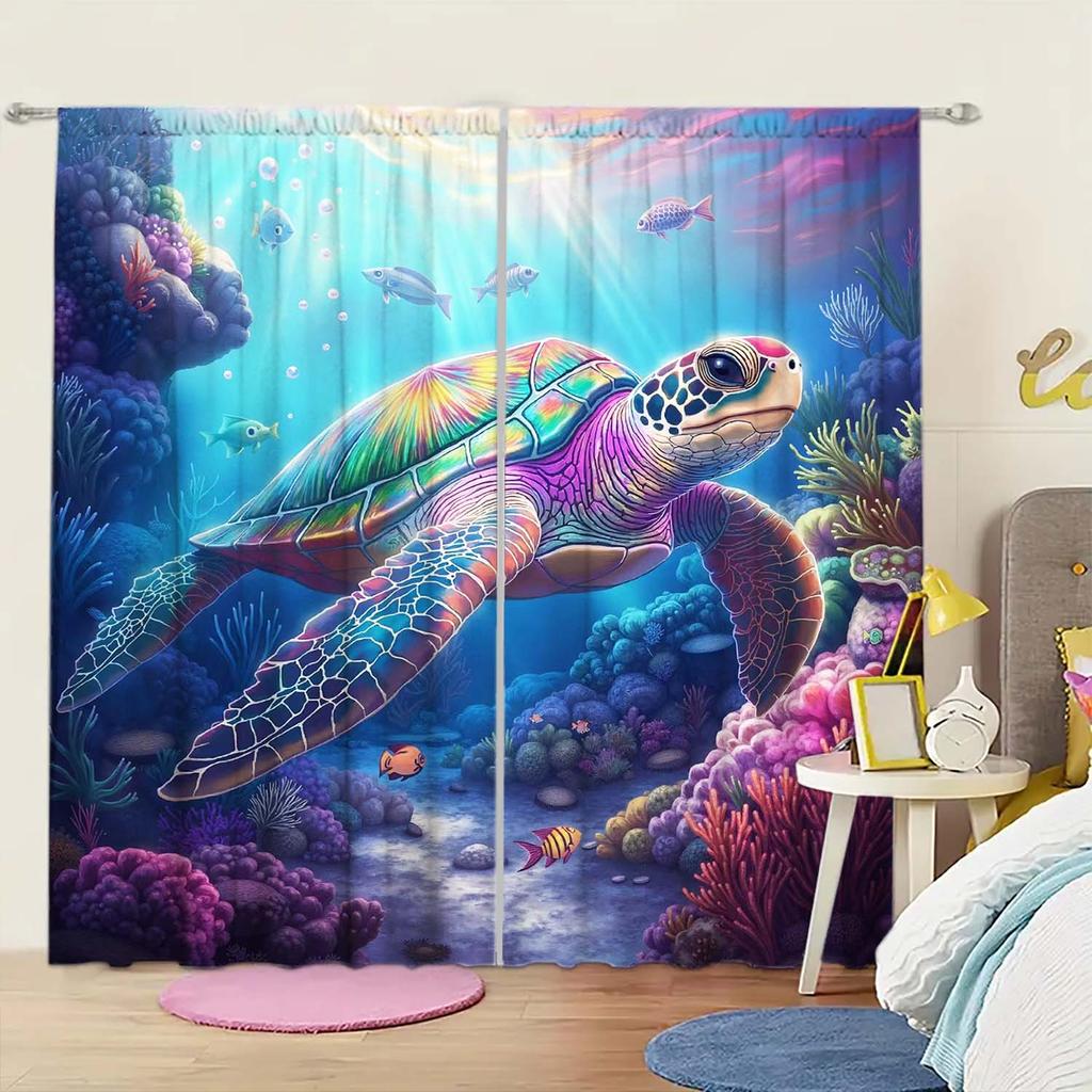 2 Panels Ocean World Turtle Pattern Window Curtains - Heat-insulating Suitable for Decorating Curtains in Various Rooms
