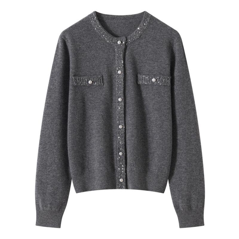 Autumn New Worsted Wool Cardigan Women'S Crew Neck Long-Sleeved Cardigan Sweater Temperament Loose Coat Top