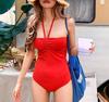 New Internet celebrity red swimsuit pleated slim small breasts gathered hanging neck draw with hot spring swimsuit